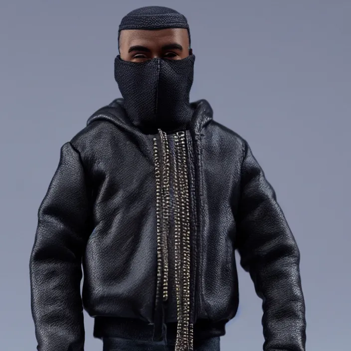 Image similar to a hot toys figure of kanye west using a full face covering black mask, a small, tight, undersized reflective bright blue round puffer jacket made of nylon, dark jeans pants and big black balenciaga rubber boots, figurine, detailed product photo