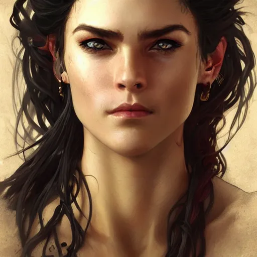 Image similar to portrait of a young ruggedly handsome but joyful pirate, female, feminine, upper body, black hair, long hair, d & d, fantasy, seductive smirk, intricate, elegant, highly detailed, digital painting, artstation, concept art, matte, sharp focus, illustration, art by artgerm and greg rutkowski and alphonse mucha