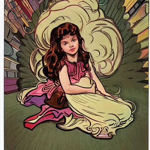 Prompt: a cute little girl with a mischievous face and short brown wavy curly hair sitting on top of a tall pile of books. well composed, clean elegant painting, beautiful detailed face. comic book art by steve ditko and jack kirby and ( alphonse mucha )