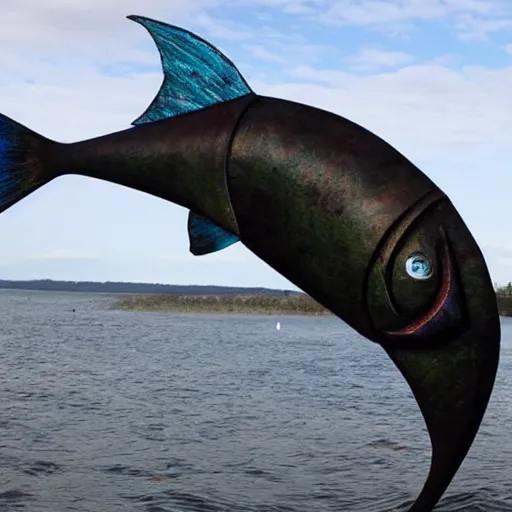 Prompt: award winning iron and steel fishes sculpture by christian funnell