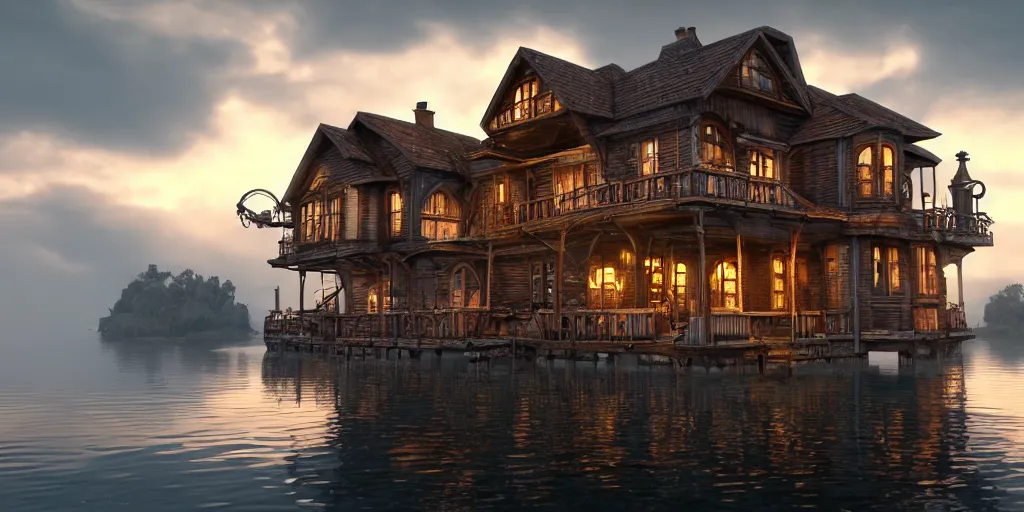 Prompt: photorealistic wide shot of a beautiful steampunk house that floats on the water in the moonlight, octane render, unreal engine 4k, volumetric light, fog, detailed