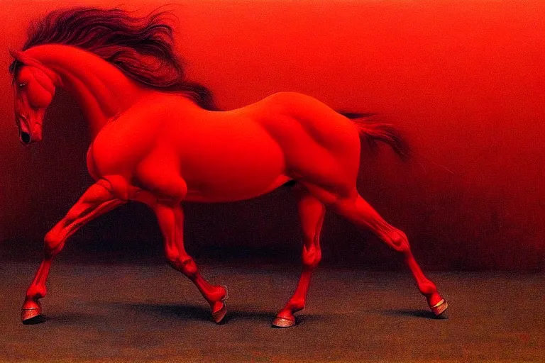 Image similar to a red horse, in the style of beksinski, parts by edward hopper, parts by rodcenko, parts by yue minjun, intricate and epic composition, red by caravaggio, insanely quality, highly detailed, masterpiece, red light, artstation, 4 k