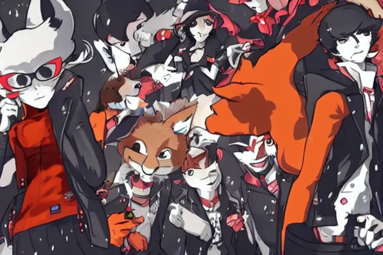 Image similar to a furry tan male fox on a persona 5 : royal ( by atlus ) video game splash screen, a furry male sandcolored tan fox fursona ( has hair ), persona 5 phantom thief style