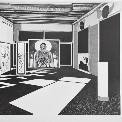 Prompt: A black and white sérigraphie of an exhibition space with works of Sun Ra, Marcel Duchamp and tropical plants