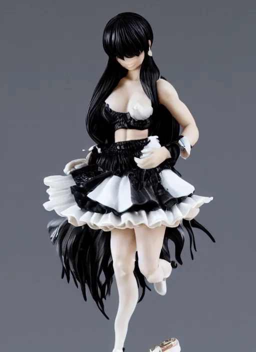 Prompt: Product Introduction Photos, 4K, Full body, 80mm resin detailed miniature of a very muscular black lady in White and lacy ruffled mini-skirt, dark skin, black hair