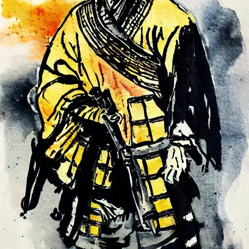 Image similar to puddled ink painting of a samurai,