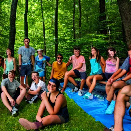 Image similar to a summer camp for adults filled with intellectualism, outdoor activities, and deep social connection, 4k