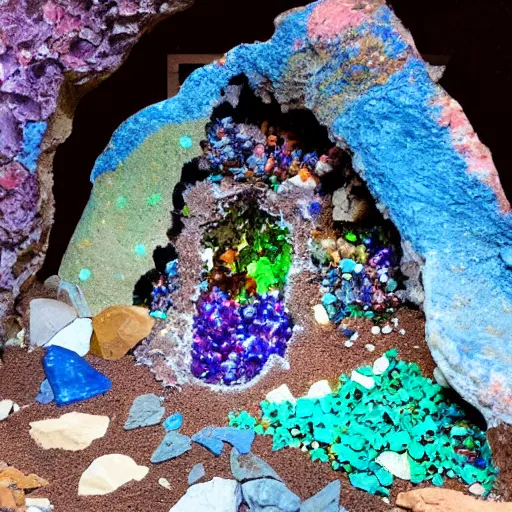 Image similar to dinosaur skeleton inside a geode of multi-colored crystals