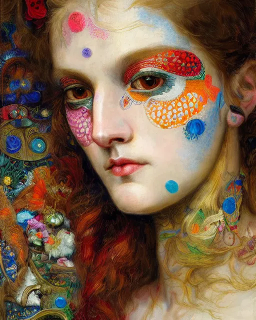 Image similar to a beautiful girl wearing colourful face paint surrounded by bright intricate patterns, by edgar maxence and caravaggio and michael whelan, intricate painting, hyper realistic, extremely detailed and beautiful aesthetic face, 8 k resolution