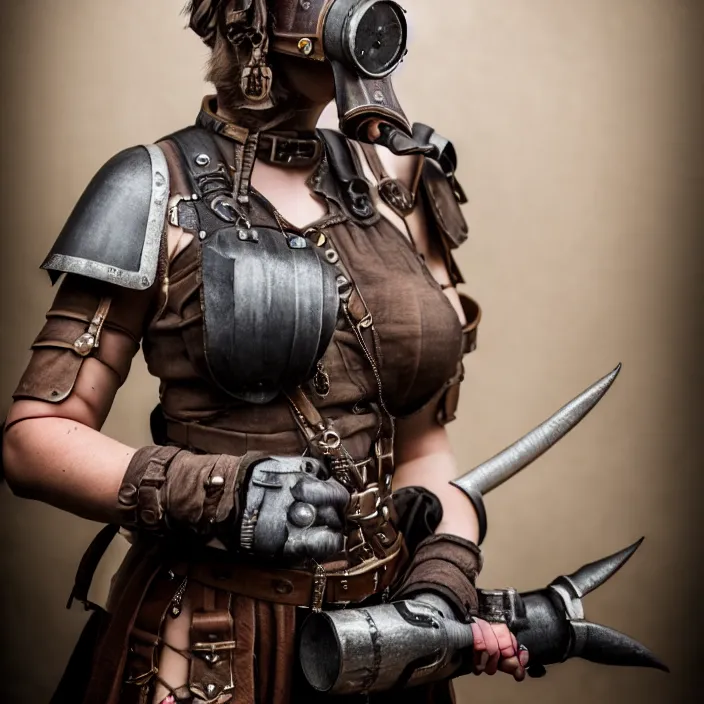 Image similar to full length photograph of a real - life very beautiful dieselpunk warrior. extremely detailed. dslr. 8 5 mm.