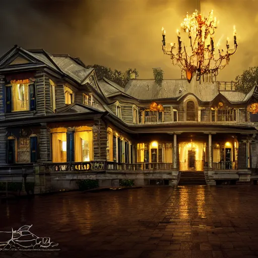 Image similar to a taxidermized horror mansion, in a lighting storm, portrait, 4 k, 8 0 mm,