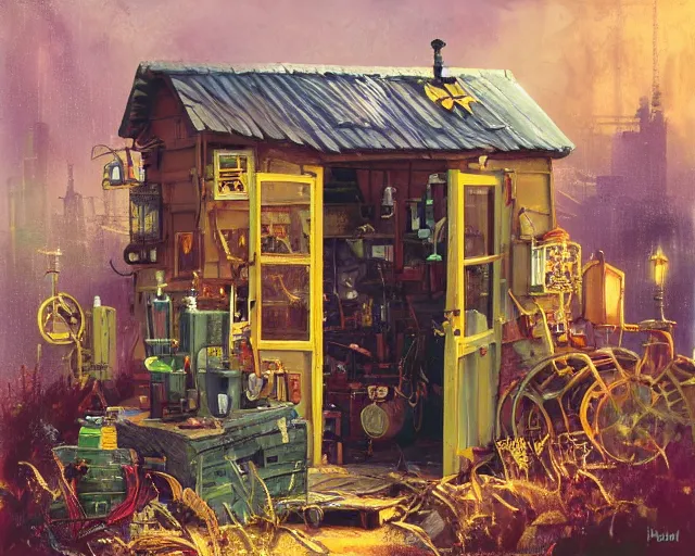 Image similar to IKEA catalogue photo of a steampunk shed, by Paul Lehr