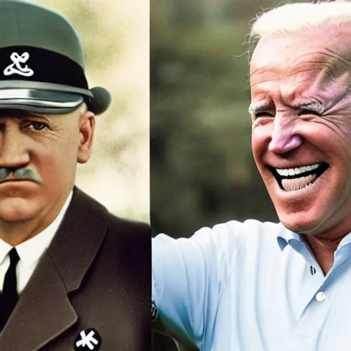 Image similar to UHD candid color photo of Hitler and Joe Biden playing golf, accurate faces, UHD, photorealistic, correct face, photo by Annie Leibowitz