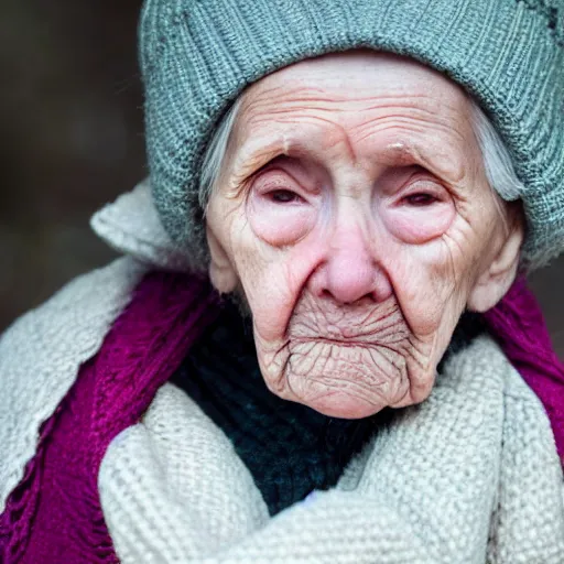 Prompt: a close up portrait of a solitary old underweight lady is cold