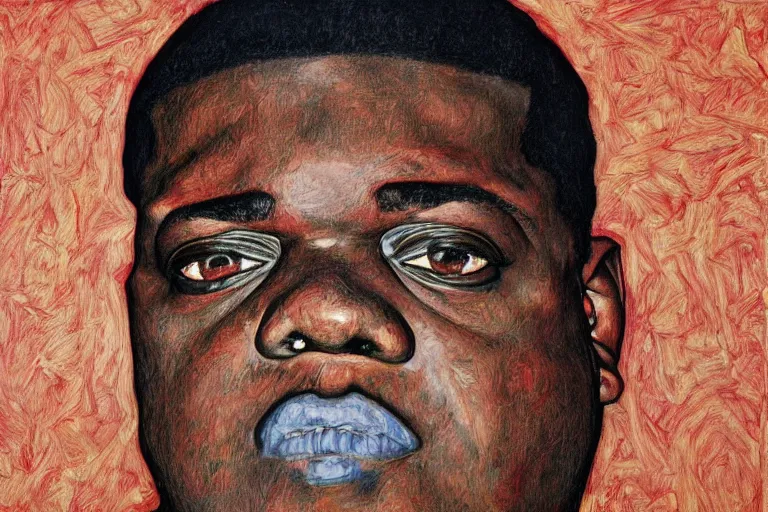 Prompt: a mug shot style portrait of biggie smalls by egon schiele, masterpiece, hyperdetailed, complex, intricate, 4 k, trending on artstation