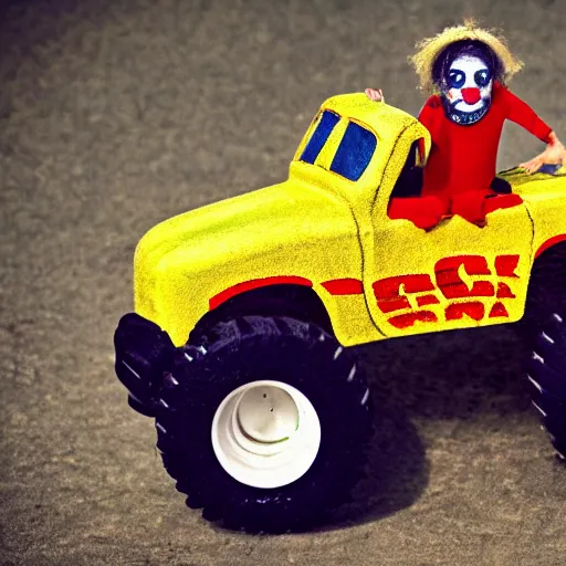 Prompt: clown driving a monster truck