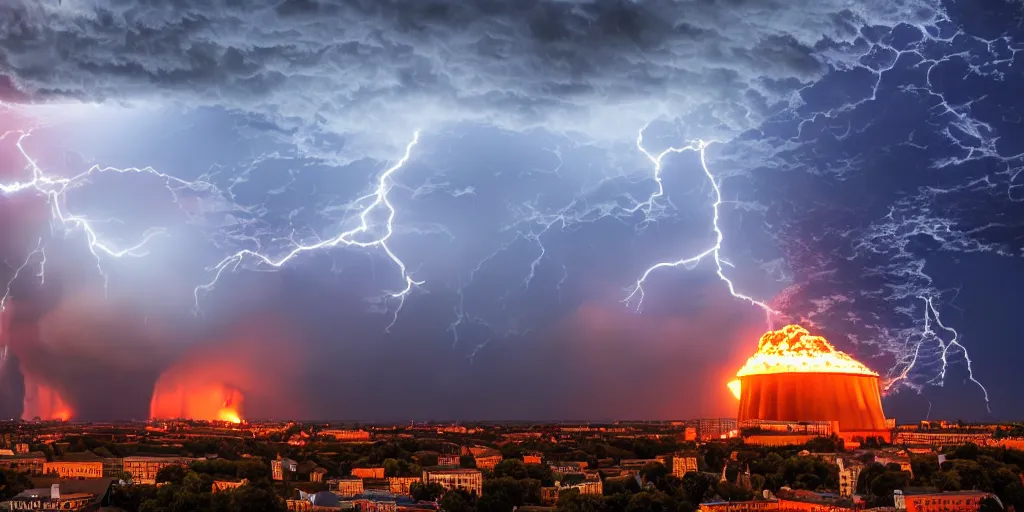Prompt: a photo of a massive nuclear strike on Kremlin, nuclear mushroom, lots of fire, panic, dark, clouds, lightning, epic lighting, high detailed, 4k post-processing highly detailed, Soft illumination