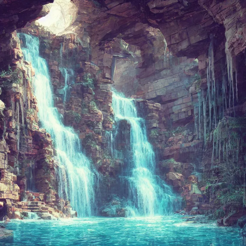 Image similar to a waterfall in the interior of a ancient arabian structure, epic retrowave art, trending on art station