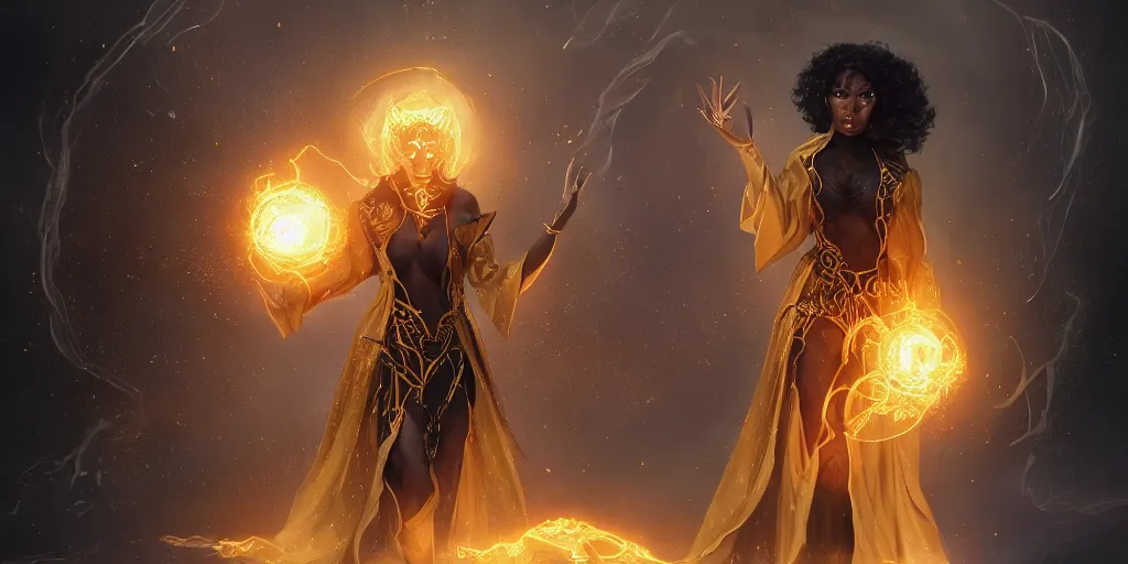 Prompt: gorgeous black woman as a spellcaster mage, dynamic pose full body, hand holding a golden fireball spell, intricate flowing robes, black and golden cloak and hood, Octane render, rule of thirds, golden ratio, 8k, Peter Mohrbacher