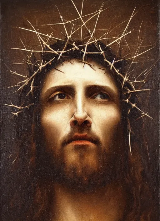 Prompt: portrait of jesus christ wearing a crown of thorns on the cross, by nicola samori, painting, 8 k, high detail