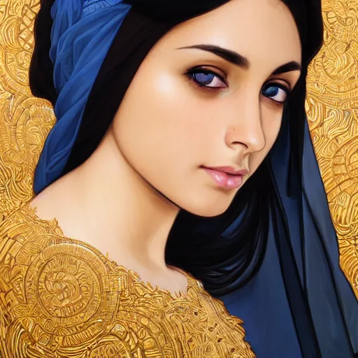 Image similar to modern tanned Ameera al-Taweel, blue eyes, wavy black hair, white veil, highly detailed, digital painting, artstation, concept art, smooth, sharp focus, illustration, ArtStation, art by artgerm and greg rutkowski and alphonse mucha and J. C. Leyendecker and Edmund Blair Leighton and Katsuhiro Otomo and Geof Darrow and Phil hale and Ashley wood and Ilya repin and Charlie Bowater