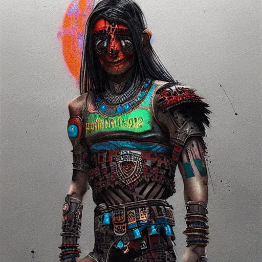 Image similar to aztec cyberpunk warrior with cool armor and tattoos, cyberpunk 2 0 7 7 and beksinski style painting