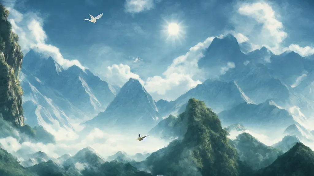 Prompt: Crowd surrounds giant white duck flying over mountains, huge feathery wings, mountain landscape, Himalayas, cozy wallpaper, 4k, high details, volumetric dynamic lighting, motion blur, blur, trending on Artstation, award-winning, art by Studio Ghibli, by Chris Moore