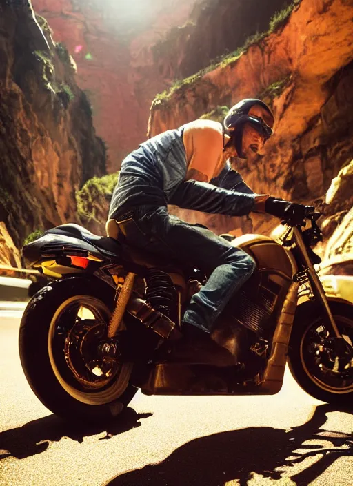 Prompt: a 2 8 mm macro photo of a man riding on a motorcycle through a canyon made of oversized arcade cabinets, splash art, movie still, bokeh, canon 5 0 mm, cinematic lighting, dramatic, film, photography, golden hour, depth of field, award - winning, anamorphic lens flare, 8 k, hyper detailed, 3 5 mm film grain