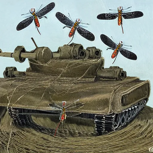 Image similar to a horde of dragonflies using cables to lift a tank, fantasy