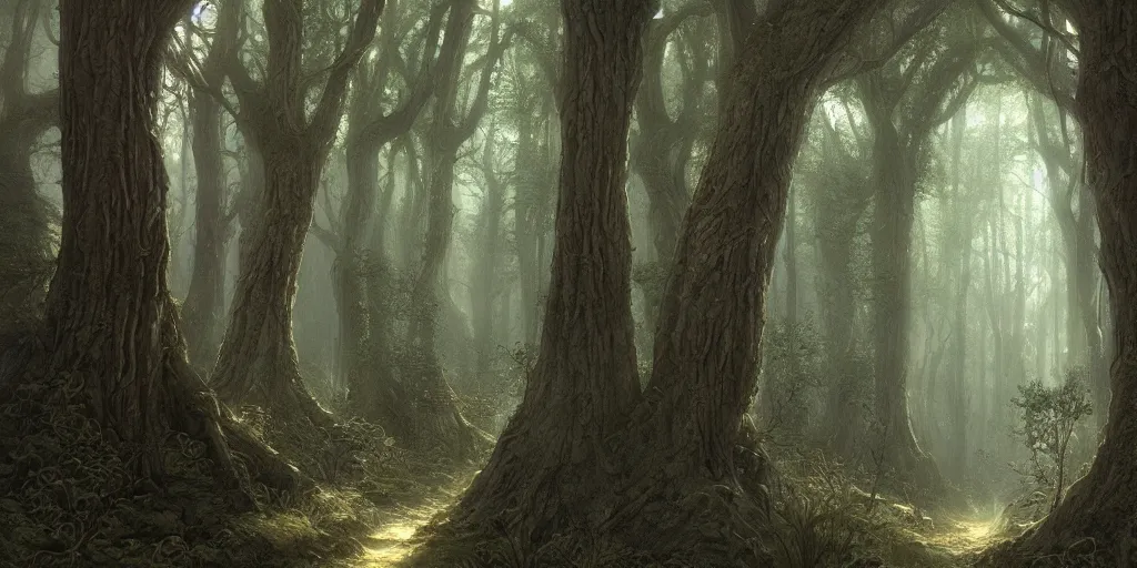 Image similar to artwork of the narrow woods, by john howe & tim white & les edwards, exquisite lighting, clear focus, highly detailed, cinematic view, trending on artstation, exquisite