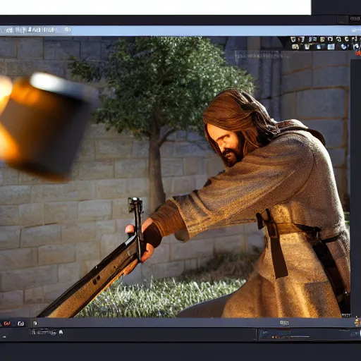 Image similar to jesus shooting a lmg, 3 d render, octane ray tracing, ultra high resolution, ultra detailed, photorealistic, medieval mossaic