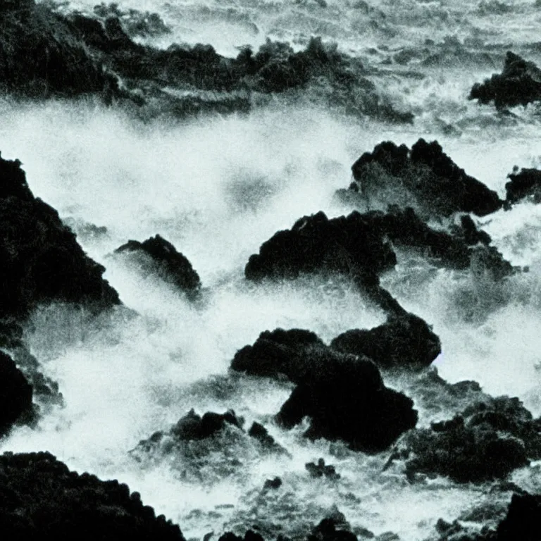 Image similar to dark and moody 1 9 7 0's artistic technicolor spaghetti western film, a large huge group of women in a giant billowing wide long flowing waving shining bright white dresses, standing inside a green mossy irish rocky scenic landscape, crashing waves and sea foam, volumetric lighting, backlit, moody, atmospheric, fog, extremely windy, soft focus