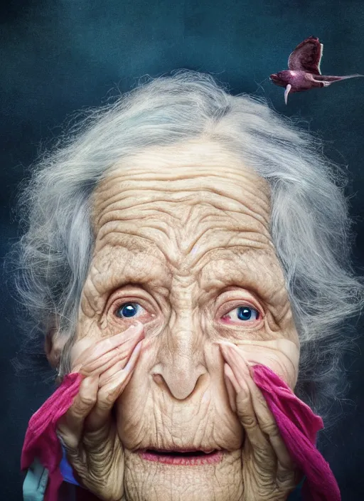 Image similar to an old woman with a weird look on her face, a surrealist painting by Martin Schoeller, shutterstock contest winner, pop surrealism, angelic photograph, stock photo, photoillustration