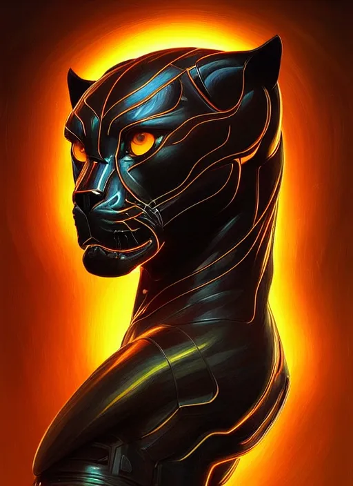 Image similar to portrait of a panther, sci - fi armour! muscular, glowing lights, intricate, elegant, highly detailed, digital painting, artstation, concept art, smooth, sharp focus, illustration, art by artgerm and greg rutkowski and alphonse mucha