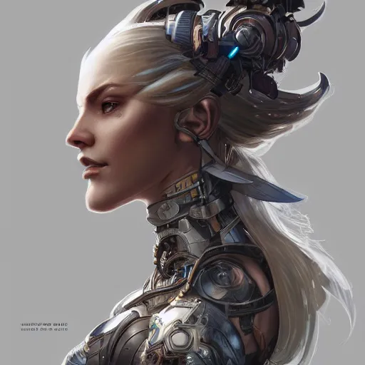 Image similar to side view of a cyborg woman, D&D, fantasy, intricate, elegant, highly detailed, digital painting, artstation, concept art, matte, sharp focus, illustration, hearthstone, art by Artgerm and Greg Rutkowski and Alphonse Mucha