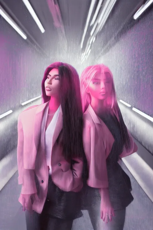 Image similar to 3d realistic dramatic infrared photo of kim kardashian and kylie jenner as schoolgirls falling in a dark subway station in Japan. Close-up portrait. There are pink palm trees and translucent glowing jellyfish flying around. Volumetric composition. Pastel colors in the style of Hiro Kiyohara, redshift, octane, trend artstation, cinematic, hyper realism, high detail, 8k