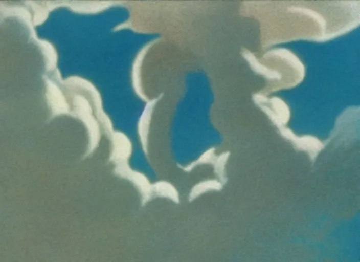 Prompt: soft pleasing - palette friendly colossal monster wind spirit goliath, close - up, pleasing palette, undulating nebulous clouds, adorable, friendly, dyllic cumulonimbus still from fantasia pastel from fantasia ( 1 9 4 1 )