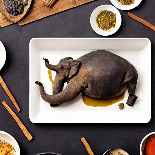 Image similar to a roasted elephant, delicious, cookbook photo, quality presentation