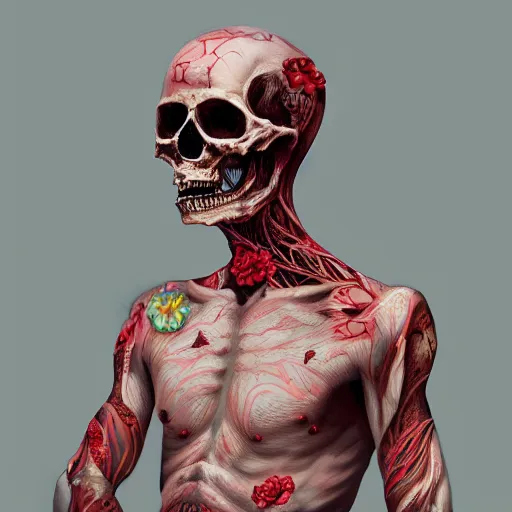 Prompt: A very detailed horrifying portrait painting of the prince of death, floral patterned skin, occult, 8k, trending on artstation cgsociety, masterpiece, in the style of DiscoDiffusion.