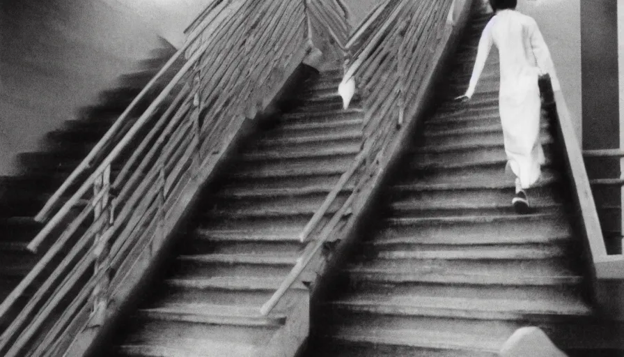 Prompt: 60s movie still of a white japanese female phantom running in infinite stairs, eastmancolor, heavy grain, high quality, higly detailed, liminal space