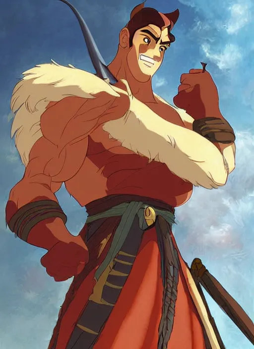 Image similar to official digital painting artwork of a male warrior character by don bluth, ross tran and studio ghibli.