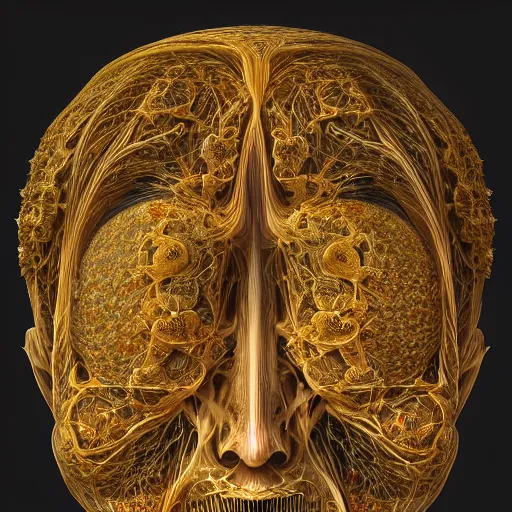 Image similar to face portrait, 150 mm, anatomical, flesh, flowers, mandelbrot fractal, veins, arteries, symmetric, intricate, golden ratio, full frame, microscopic, elegant, highly detailed, ornate, ornament, elegant , luxury, beautifully lit, ray trace, octane render in the style of peter Gric , alex grey and Romero Ressendi