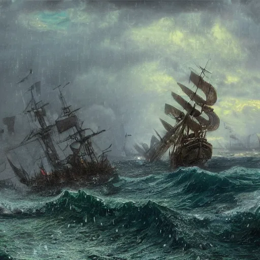 Image similar to realistic detailled matte painting of a gigantic golden metallic shining water snake with hundred tentacles coming out of the ocean, fighting a heavy burning pirate ship firing back with canons, in the middle of a heavy rain storm, impressionism, by andreas achenbach, anton otto fischer, andreas rocha, 8 k, dynamic lighting, vivid colors