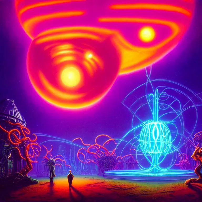 Prompt: mysterious creatures, infinite quantum portal, synthwave, bright neon colors, highly detailed, cinematic, panoramic, tim white, michael whelan, roger dean, bob eggleton, lisa frank, vladimir kush, kubrick, kimura, isono