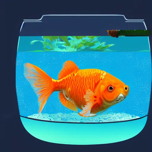 Prompt: a goldfish looking very smug in his cozy little fish bowl, high quality, detailed, digital art, 4 k, trending on artstation, prize winning