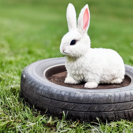 Image similar to a cute easter bunny sitting on a tire, studio photo, high quality