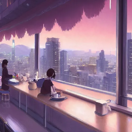 Prompt: a masterpiece detailed beautiful cityscape, early hour morning, a girl drinking coffee with mobile on the table, by Makoto Shinkai