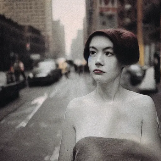 Prompt: medium format film candid portrait of a woman in new york by street photographer, 1 9 6 0 s, depth of field woman portrait featured on unsplash, photographed on colour expired film