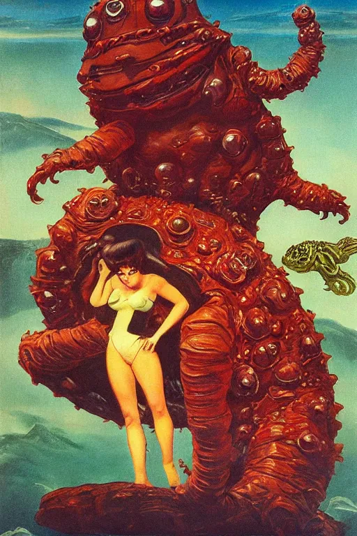 Image similar to a queen on top of a giant tardigrade retro japanese monster slimy leather, oil painting, 7 0 s vintage art, by georgia o keeffe, by gustave dore, by frank frazetta, nausicaa