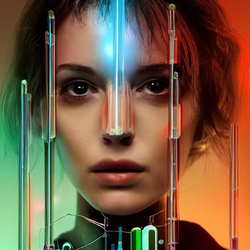 Image similar to portrait beautiful fantastic cyberpunk style doctor scientist using test tubes